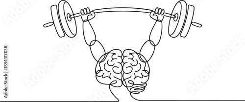 Train Your Brain Concept, Single continuous line drawing of strong muscular human brain lifting barbell logo label. Fresh smart health character logotype icon concept. one line Icon drawing