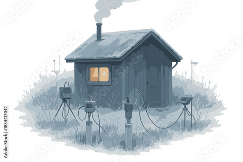 Frosty Ice Field Lab. a cozy field lab surrounded by frost, with sensors connected to deep ice sampling tubes, steel blue and pale