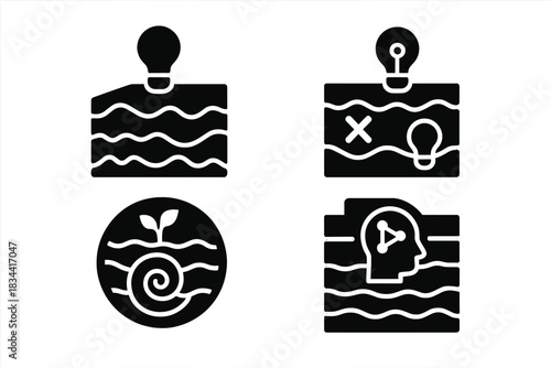 Innovation Depth Icons. Solid style icons of innovation sediment layers: idea strata diagram, failed + evolved idea chart, growth