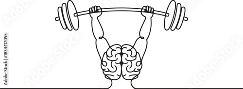Train Your Brain Concept, Single continuous line drawing of strong muscular human brain lifting barbell logo label. Fresh smart health character logotype icon concept. one line Icon drawing