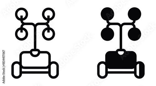 Two icons of a robotic lawn mower, one outlined and one solid black, representing autonomous garden care and smart home technology