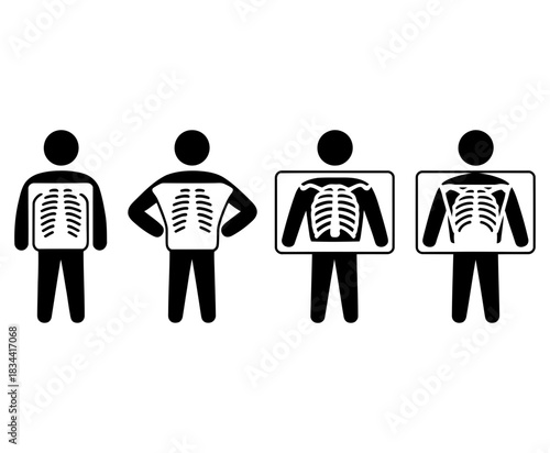 Medical diagnostic imaging x-ray scan of human torso and rib cage anatomy, representation of internal body structure and health checkup symbols