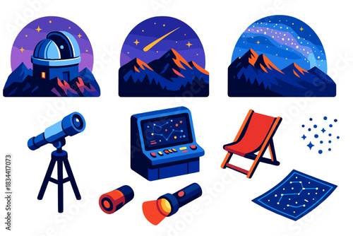 Mountain Stargazing Set. Isometric vector illustration set Mountain landscapes – night sky observatory, telescope dome, control