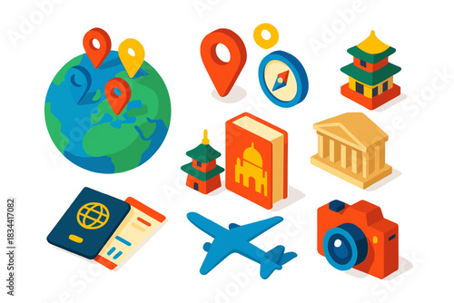 Language Learning Icons. Isometric vector illustration set Language learning – globe with language pins, map marker, compass;