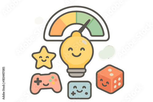 Floating Innovation Meter. A smiling innovation meter floating above joyful game icons, gentle pastel accents, No text, No labels,