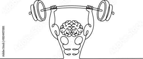 Train Your Brain Concept, Single continuous line drawing of strong muscular human brain lifting barbell logo label. Fresh smart health character logotype icon concept. one line Icon drawing