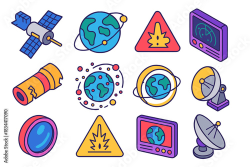 Space Debris Icons. Isometric vector illustration set Space Debris: damaged satellite part, orbital line diagram, collision risk