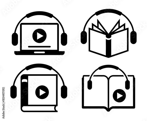 Collection of four icons representing audiobooks and digital learning: laptop with play button, open book with headphones, closed book with headphones, and open book with play button.