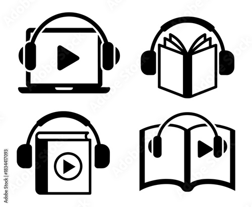 Collection of four icons representing digital audio content: laptop with headphones, open book with headphones, book with play button and headphones, open book with play button and headphones.
