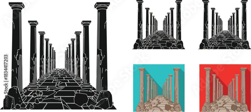 Ancient column ruins illustration with variations in color and perspective