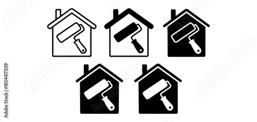 Set of simple house icons with a paint roller inside, representing home renovation, painting, and real estate services. diverse graphic options for projects.