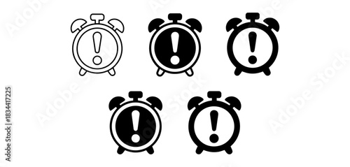 Collection of alarm clock icons with exclamation mark, representing important alerts, time warnings, and urgent notifications in graphic design.
