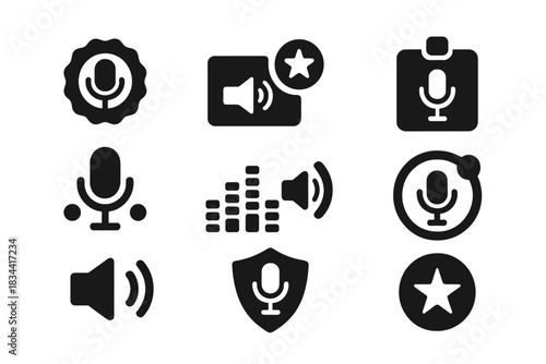 Voice Loyalty Icons. Solid style icons of voice loyalty programs: points badge with mic icon, reward readout by speaker, loyalty
