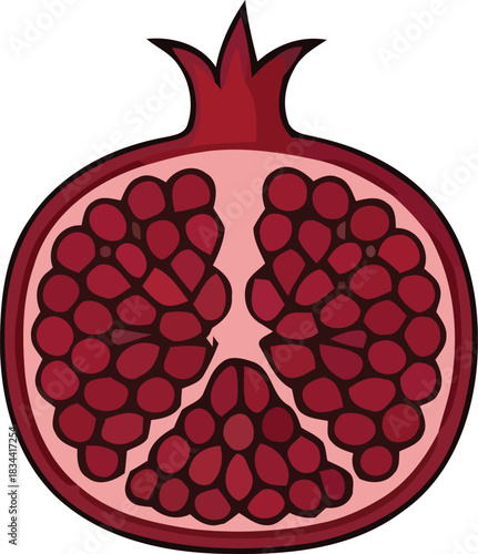 Sweet ripe pomegranate fruit cut in half showing red seeds for healthy eating and organic juice ingredient vegetarian autumn harvest and rosh hashanah symbol design.