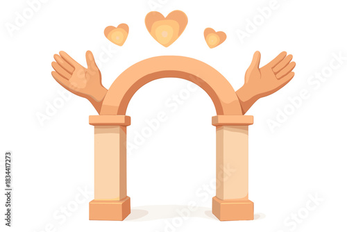 Gateway of Hearts. a welcoming gateway with open arms and glowing hearts hovering above, peach and cream palette, No text, No
