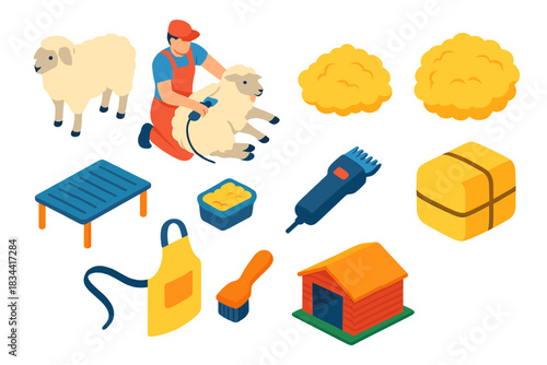Farm Animal Shearing Icons. Isometric vector illustration set Farm animals – sheep, shearer, wool fleece; shear table, electric