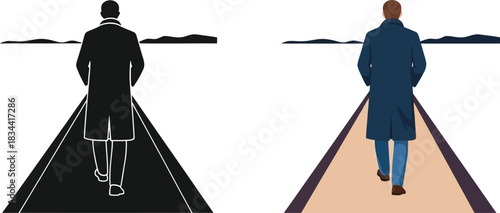 Man walking away on a road silhouette and color illustration
