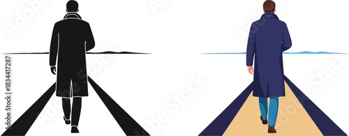 Man walking away silhouette and color illustration on white background