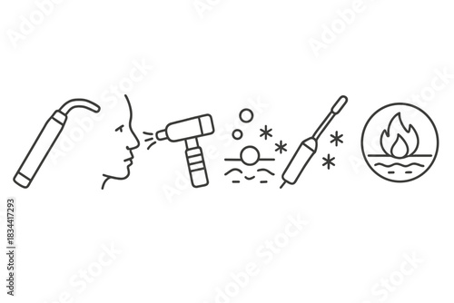 Cryogenics Medical Icons. Line style icons of cryogenics in medicine: cryotherapy wand, skin freezing nozzle, wart removal icon,