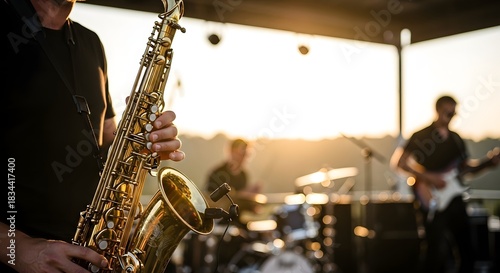 Live Jazz Band Performing Outdoors at Sunset with Saxophone Soloist.