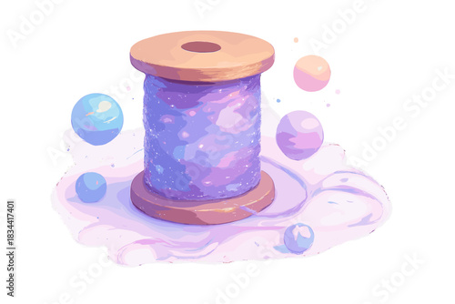 Cosmic Thread and Planets. a spool of radiant cosmic thread resting beside tiny planets and stardust fibers, pastel space palette,