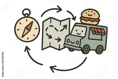 Adventurous Food Truck. Charming doodle vector of map compass, route arrows, and smiling food truck working together to find the