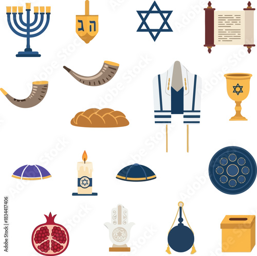 Collection of jewish religion symbols with menorah star of david torah scroll and hanukkah dreidel for synagogue holiday festival and traditional judaism culture.