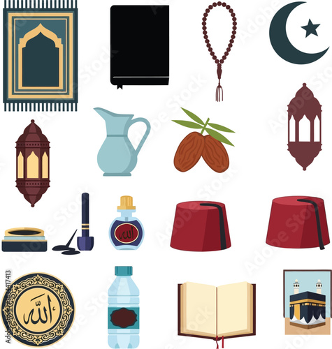 Collection of islamic religion symbols with prayer rug quran beads and ramadan lantern for muslim culture faith and traditional worship design concepts elements.