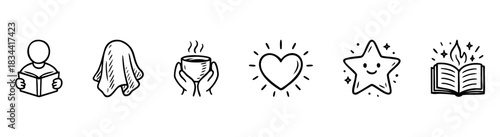Collection of six simple line drawings depicting cozy and imaginative themes like reading, comfort, and positive emotions, perfect for storytelling and personal expression.