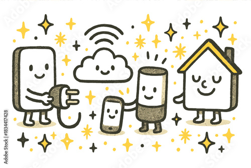 Smart Home Doodle. Whimsical doodle of setting up a smart home with cute characters representing each step: plug in, connect, sync