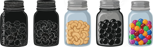 Five jars filled with different candies and snacks illustration