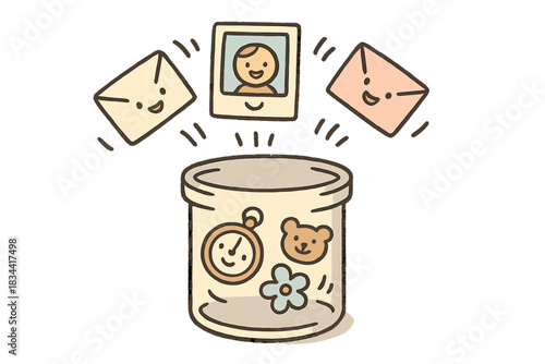 Joyful Time Capsule. Cute doodle illustration of a time capsule being filled with smiling objects like letters, photos, and