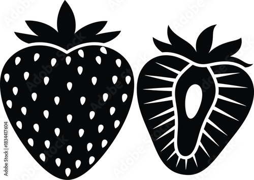 Strawberry duo whole and halved black and white illustration