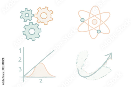 Pastel Scientific Diagrams. Isometric vector illustration set Hasty scientific diagrams: quickly drawn cogs, orbit symbols,