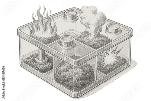 Multi-Environment Culture Box. a multi-compartment culture box labeled by environment type — heat, acid, pressure, radiation —