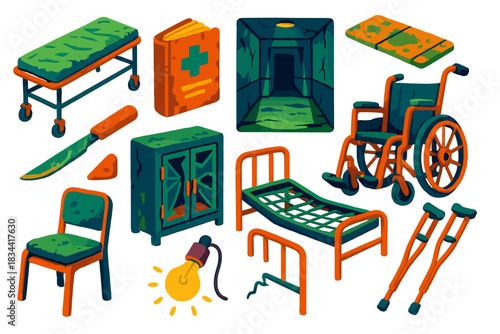 Forgotten Asylum Scenes. Isometric vector illustration set Forgotten Asylum: abandoned gurney, worn medical file, hallway with