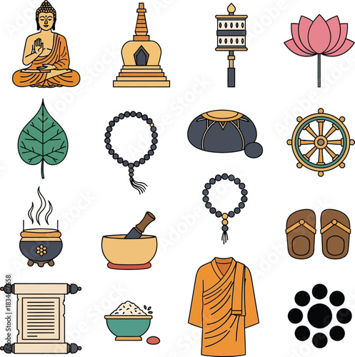 Collection of buddhist religion symbols with buddha statue lotus flower and monk robe for meditation yoga and spiritual temple worship design concepts elements.