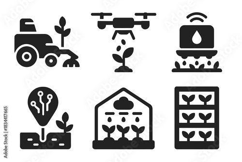 Futuristic Agriculture Icons. Solid style icons of futuristic agriculture: robotic harvester, drone planting seeds, smart