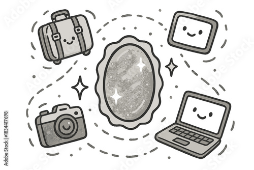 Interuniversal Journey Doodles. Charming doodle art of interuniversal journey prep — smiling gadgets and floating luggage orbiting