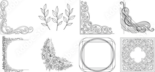Collection of vintage floral frame designs and borders isolated on transparent background