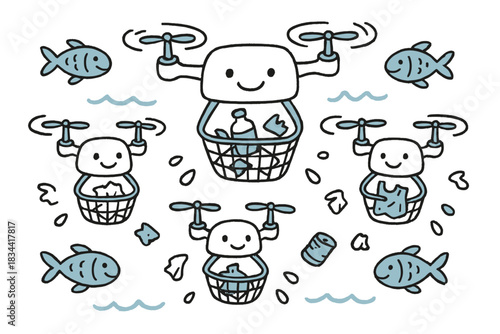 Smiling Ocean Cleanup Drones. Cute doodle illustration of an ocean cleanup drone fleet with smiling aquatic drones collecting