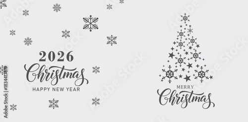 Elegant 2026 Christmas and Happy New Year greeting card with snowflakes and stylized Christmas tree made of stars on light background, minimalist festive holiday design for seasonal stock illustration