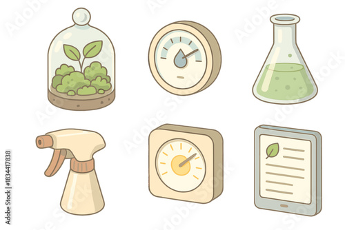 Isometric Ecosystem Icons. Isometric vector illustration set of living ecosystem painting: micro moss terrarium, humidity gauge,