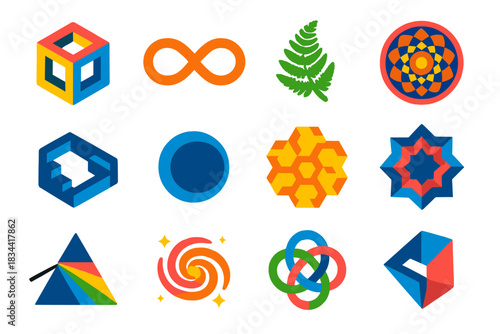 Mind-Bending Math Icons. Flat vector icons of Mind-Bending Math: paradox cube, infinity loop, fractal fern, recursive mandala,