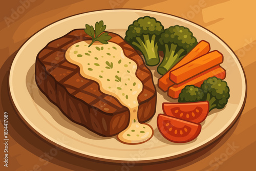 Gourmet Steak Elegance. Tender vector illustration steak drizzled with creamy herb sauce, served with a side of vegetables, warm