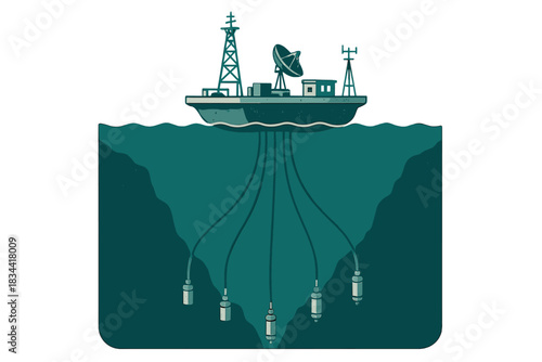 Ocean Trench Research Station. a floating research station diagram above the ocean trench with data cables descending to sensors,