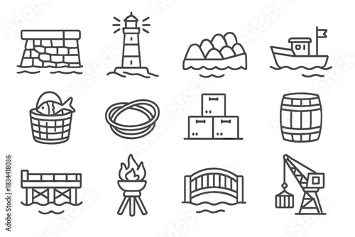 Harbor Line Icons. Line style icons of harbors: stone pier, lighthouse, breakwater, docked boat; fish basket, rope bundle, cargo