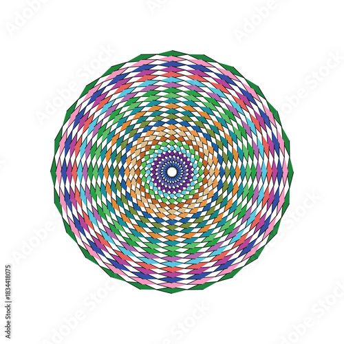 Colorful geometric mandala pattern with spiraling diamond shapes on white Keywords: mandala
