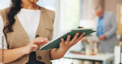 Photos Hands, media agency and woman in office, tablet or typing with email for publishing schedule