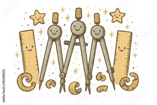 Vintage Compasses and Rulers. Delightful doodle of vintage compasses lined up proudly after crafting, surrounded by smiling rulers